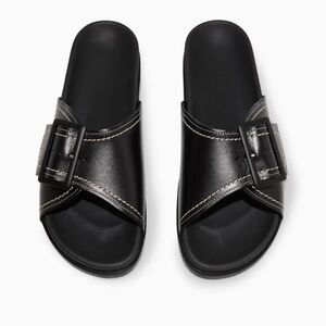 COS Contrast-Stitch Buckled Leather Slides in Black